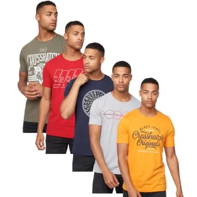 Image of Crosshatch Mens 5 Pack Graphic Tee Multipack Gift Holiday Crew Neck T Shirt Short Sleeve Multi Print M