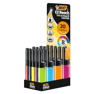 Image of BIC EZ Reach Utility Lighters with 3.5 cm Wand, The Ultimate Lighter&#039; Produces up to 900 Lights perfect for Candles, Gas Cookers &amp; BBQs Tray of 20 in Assorted Colours
