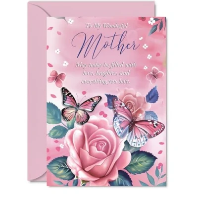 Image of Mother Birthday Card Pink Rose Butterfly Beautiful Happy for from Daughter Son, 5x7 Inch Female Floral Bday Mothers Day Greeting Cards