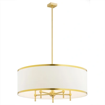 Image of Abbano Cylindrical Pendant Ceiling 5 Light Cream With Gold Strip, Brushed Brass
