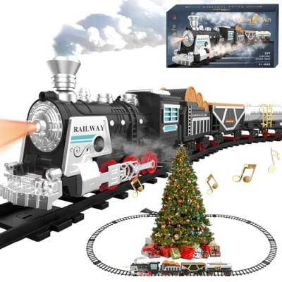 Image of Electric Train Set Christmas Toys w/Smokes,Lights&amp; Sound (ON/Off) Kids Rechargeable w/Steam Locomotive, Cargo Cars &amp; Tracks Birthday Gift for Boys Girls 3 4 5 6 7