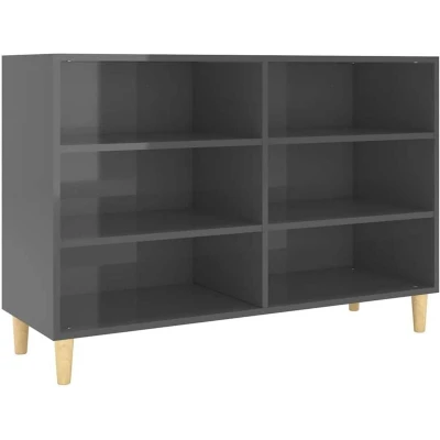 Image of vidaXL Scandinavian Style Sideboard High Gloss Grey Engineered Wood Multifunctional Storage Cabinet with 6 Shelves, Solid Eucalyptus Legs Ideal for Living Room or Bedroom