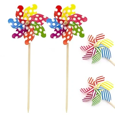 Image of Pack Of 4 Childrens Wooden Garden Windmill Outdoor Wind Spinner Traditional Beach Windmills For Pinwheel Spinners 45cm