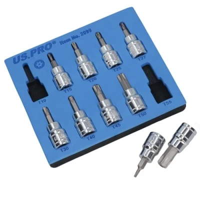Image of 3/8&quot; Drive Tamper Torx Star Bit Male Shallow Sockets T10 T55 10pc
