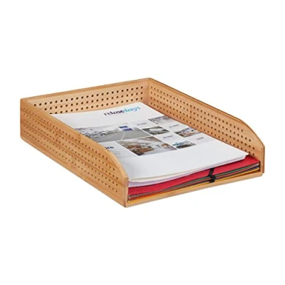 Image of Relaxdays Bamboo Document Holder Tray, Perforated, Stackable, A4, Desk Organizer, Office, Natural, HWD: app. 7 x 25 33 cm