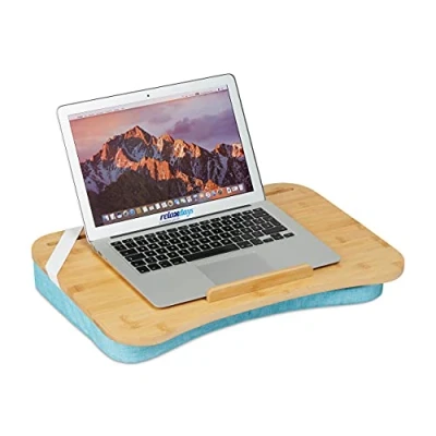 Image of Relaxdays Lapdesk, Bamboo, Memory Foam Cushion, WXD: 51 x 36 cm, Handle, Tray for Working on Bed &amp; Sofa, Natural/Blue