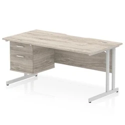 Image of Impulse 1600 x 800mm Scalloped Edge Office Desk Grey Oak Top Silver Cantilever Leg Workstation 1 2 Drawer Fixed Pedestal