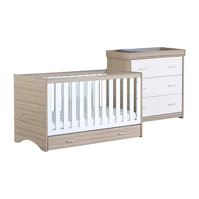 Image of Babymore Veni 2 Piece Nursery Room Set With Drawer Oak White 1 Under Baby Cot Bed &amp; Chest Changer 3 Double Handle Drawers, Wooden Of Storage Cabinet