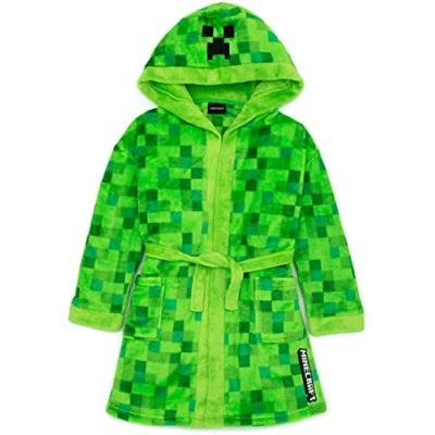 Image of Minecraft Creeper Dressing Gown For Boys &amp; Girls Kids Green Soft Pixelated Bathrobe With Face Hood Teens Children’s Nightwear Robe Gamer Gifts