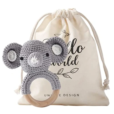 Image of Youuys Wooden Teething Ring Baby Rattle, Gray Elephant, Natural Aid, Hand Woven Toy for Newborns &amp; Infants, Best Gift Birth Holidays