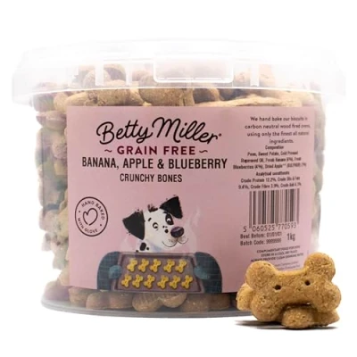 Image of Betty Miller Grain Free Dog Treats Baked Biscuits Banana, Apple &amp; Blueberry Bones 1kg