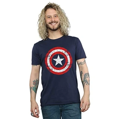Image of Marvel Men&#039;s Avengers Captain America Scratched Shield T Shirt Navy Blue XXX Large