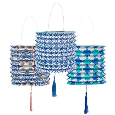 Image of Moroccan Geometric Blue Paper Lanterns Decorations for Birthday Party, Garden, Summer, Baby Shower Pack of 3, Made by Talking Tables