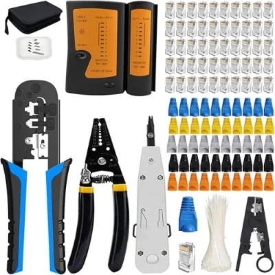 Image of MAYLINE RJ45 Crimp Tool Kit Cat5 Cat5e Cat6 Crimper Network Wire Crimping with 50pcs Connectors&amp;Covers, Ethernet LAN Cable Tester Punch Down Stripper Cutter(Blue)