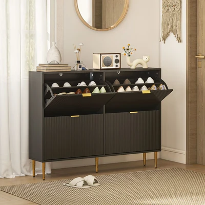 Image of Slim Shoe Storage Cabinet with 4 Flip Drawers for Hallway, Black Homcom