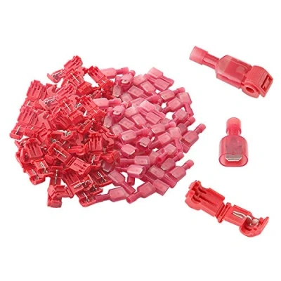 Image of Aiqeer 100 Pcs (50 Pairs) Red T Tap Self Stripping Electrical Connectors, Quick Splice Wire Terminal Block, and Fully Insulated Male Spade Connector