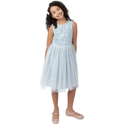 Image of Maya Deluxe Girl&#039;s Midi Dress Sequins Embellished Party Tutu Bridesmaids Wedding with Belt Bow, Ice Blue, 5 Years