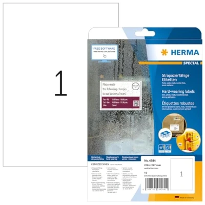 Image of HERMA Self Adhesive Film Labels, 1 Label per A4 Sheet, 10 Sheets, 210 x 297 mm, Blank Weatherproof Labels Stickers, Sticky for Laser &amp; Inkjet Printer, White