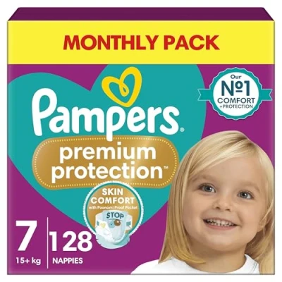 Image of Pampers Premium Protection Size 7, 128 Nappies, 15kg+, Double for Skin and Against leaks