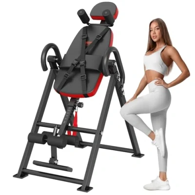 Image of VEVOR Inversion Table, 300 lbs Capacity Heavy Duty Decompression Back Stretcher Machine, Strength Training Equipment with Headrest, Ankle Lock, Adjustable Protective Belt, Red/Black