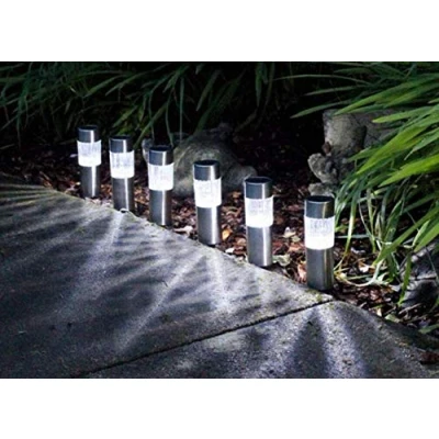 Image of Garden Mile Solar Powered Stainless Steel Lighting LED Stake Outdoor Light Bollard Pathway Borders Patio Weatherproof Warm Lights (Stainless Bollard, 4)