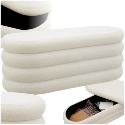 Image of TecTake® Storage Bench with Soft Bouclé Cover, Ottoman 2 Large Compartments, Padded Lid &amp; Sturdy MDF Frame, for Bedroom, Hallway, Living Room Cream/White