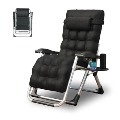 Image of TRIOBLADE Outdoor Reclining Zero Gravity Chair with Cup Holder &amp; Cushion, Adjustable Sun Loungers Folding Recliner Garden Chairs for Patio Beach Support 200kg (Black)