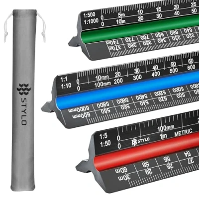 Image of Aluminum Architect Scale Ruler 30cm Laser Etched Triangle Drafting with Colour Coded Grooves for Blueprint, Architectural (Black, Metric Units)