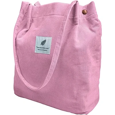 Image of FINDING CASE Large Cord Bag for Women Corduroy Tote Reusable Carry Shoulder Handbags Totebag School Shopping Work College Casual Travel (Pink)