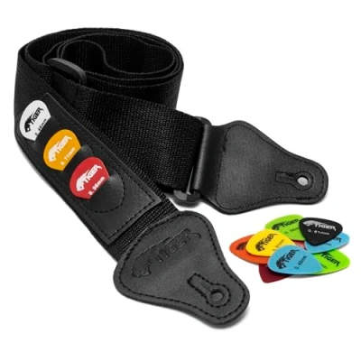 Image of Tiger Black Guitar Strap and 12 Free Picks
