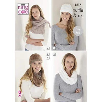 Image of King Cole 5517 Knitting Pattern Womens Easy Knit Hats Cowls Scarf in Truffle and Merino Blend DK