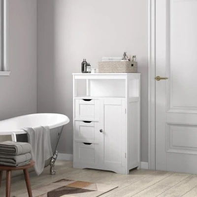 Image of mcc direct Bathroom Floor Storage Cabinet with Open Shelf, Wooden Unit 3 Drawers, Single Door, Adjustable for Living Room, Kitchen, Entryway Dakota (White)