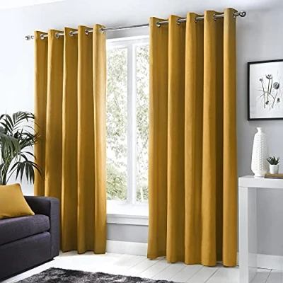 Image of Fusion Sorbonne 100% Cotton Pair of Eyelet Curtains 46&quot; Width x 90&quot; Drop (117 229cm) in Ochre