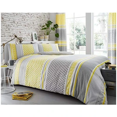 Image of GC GAVENO CAVAILIA Stripe Duvet Quilt Cover Set, Soft &amp; Comfy Polka Dot Reversible Bedding King Size, Mustard