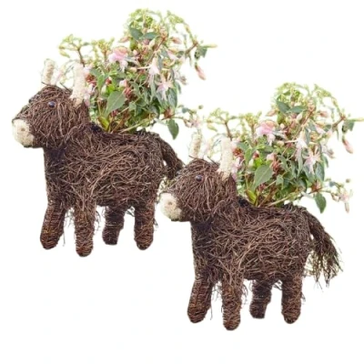 Image of Garden Mile® Animal Themed Flower Planters Novelty Rattan Straw Plant Pots Shelley Sheep and Scottie Dog Decor with a Purpose Lawn Patio (2, Highland Cow)