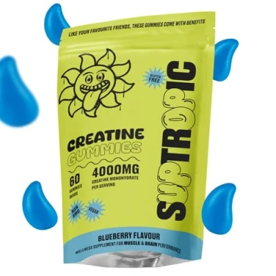 Image of 60 Creatine Monohydrate Gummies, 4000mg, Men &amp; Women Chewable Gummies (30+ Days) Natural Blueberry Flavoured Creatine, Pre Workout Gym Supplement, Suitable for Vegans, by Suptropic