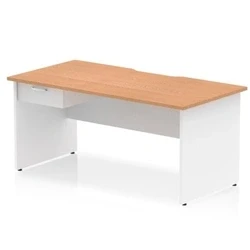 Image of Impulse 1600 x 800mm Scalloped Edge Straight Office Desk Oak Top White Panel End Leg Workstation 1 Drawer Fixed Pedestal