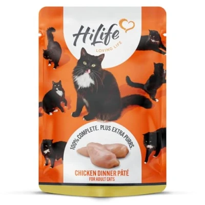 Image of HiLife Adult Wet Cat Food, Chicken Dinner Pate, Complete Food Pouches, 100% Natural &amp; Grain Free (18 x 70g Pouches)