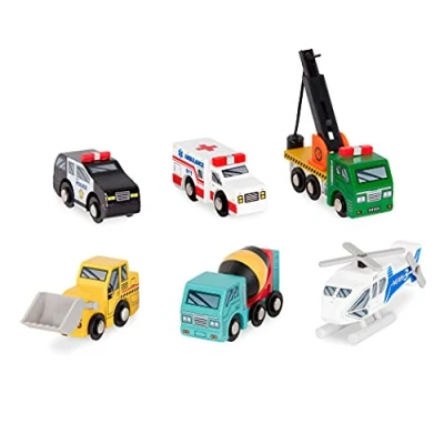Image of Battat Wood Cars for Kids 6pc Toy Vehicle Set Mini Rescue &amp; Construction Vehicles Toddler Truck Toys Wooden Play Set, 3 Years +