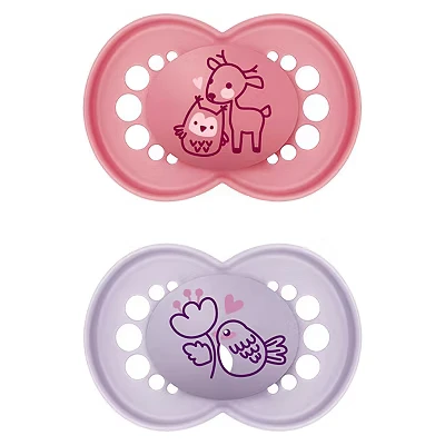 Image of MAM Original Soother 16+ Months (Pack of 2), Baby Made from Sustainable Material, SkinSoft Silicone Teat, with Case, Pink (Designs May Vary)