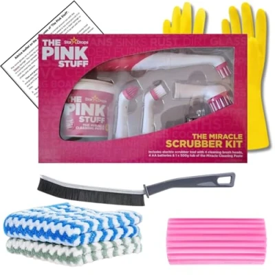 Image of Kevagh Premium Cleaning Bundle The Pink Stuff Battery Scrubber, 1. 500g Miracle Paste, Damp Duster Sponge, Narrow Gap Brush, 2 Microfiber Cloths, Rubber Gloves, and Advice Leaflet