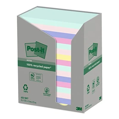 Image of Post it Recycling notes Assorted Colours, Pack of 16 Pads, 100 Sheets per Pad, 76 mm x 127 mm, Green, Pink, Blue, Yellow Self stick made from 100% recycled paper