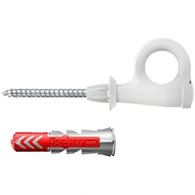 Image of fischer EasyHook Loop K (4), set of 4 eye hook screws &amp; DuoPower 8 x 40 plugs, chipboard with hooks, flexible screw hooks for mounting in numerous building materials