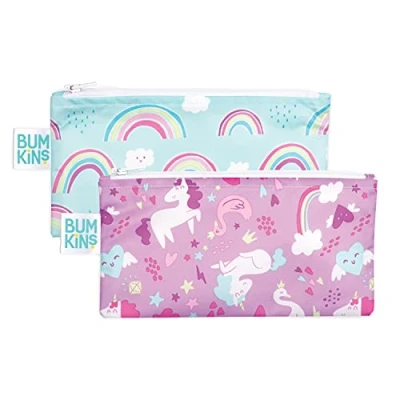 Image of Bumkins Snack Bags, Reusable, Washable, Food Safe, BPA Free, 2 Pack Unicorns &amp; Rainbows