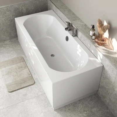 Image of Baystone 1800 x 800mm Double Ended Straight Bath White Gloss Soaking Bathttub, Acrylic Baths for Bathrooms, Curved, Adjustable Feet, No Panel