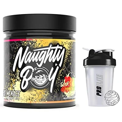 Image of Naughty Boy NaughtyBoy Pre Workout Menace 30 Servings PreWorkout Energy / Pump Focus Performance + PROELITE Shaker (Sour Gummy Bears)