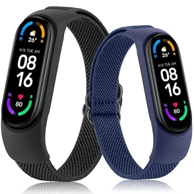 Image of Elastic Straps for Xiaomi Mi Band 6 / 5 4 3, Stretchy Nylon Loop Replacement Sport Wristband Women Men (Black+Navy blue)