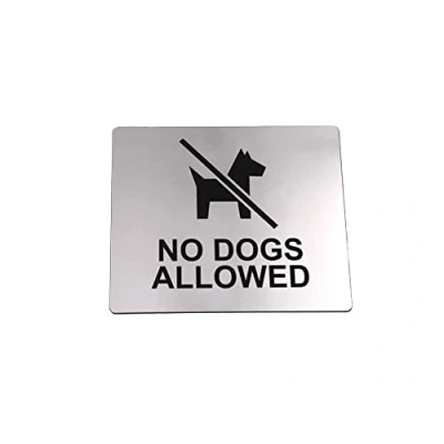 Image of No Dogs Allowed Sign Adhesive Sticker Notice, Metallic Silver Engraved Black with Universal Icon Symbol and Text (Size 12cm x 10cm). Shipped Globally.