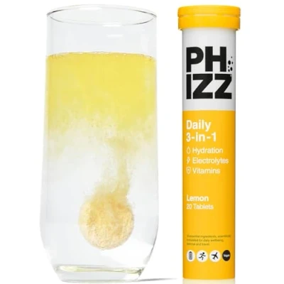 Image of Phizz Electrolytes, Multivitamin &amp; Hydration Tablets 20 Effervescent Rehydration Electrolyte 18 Vitamins Minerals, Vitamin C, Vegan, Vegetarian Low Calorie (Lemon, Tablets)