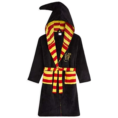 Image of Harry Potter Kids Dressing Gown, Gryffindor Slytherin Soft Fleece Robe For Boys (Black, 13 14 Years)